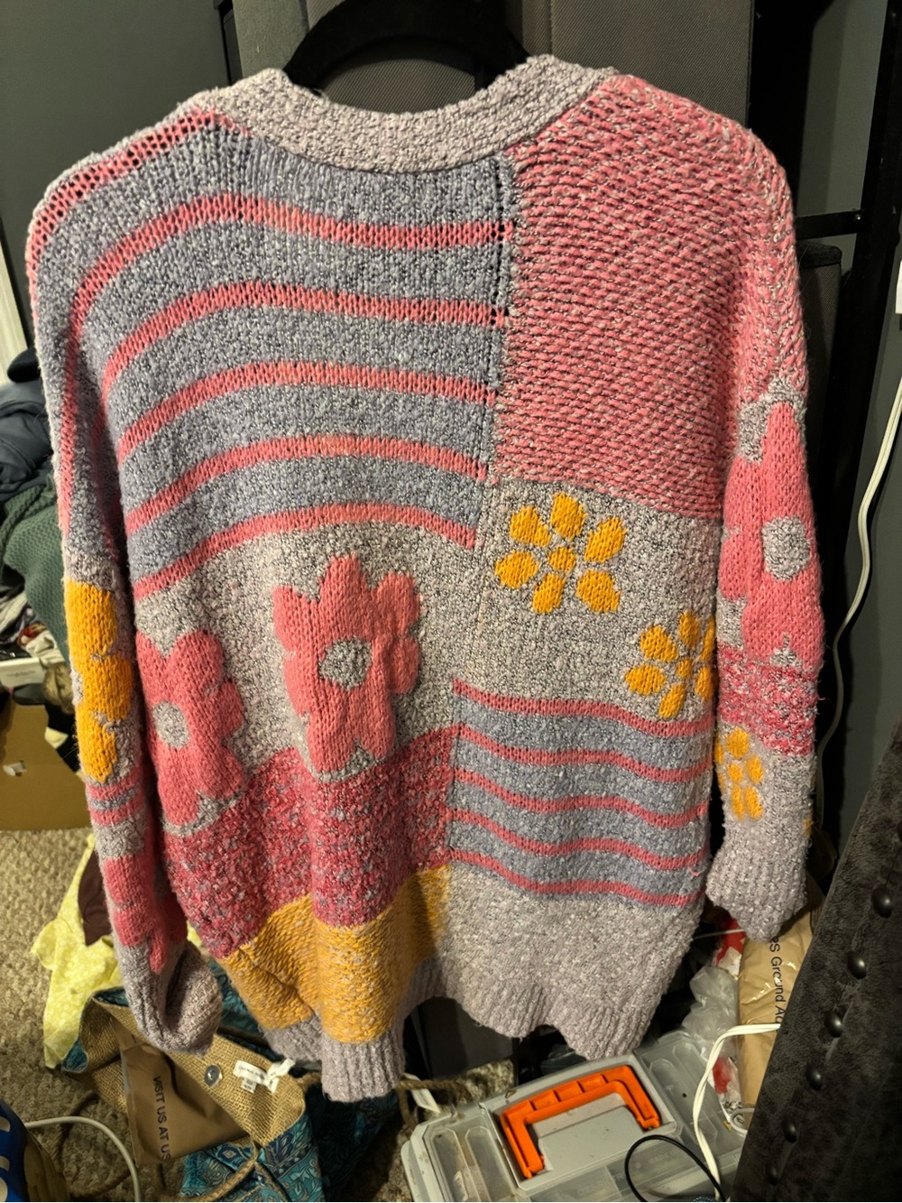 Women’s Floral Patchwork Knit cardigan- Pink, Gray & Yellow